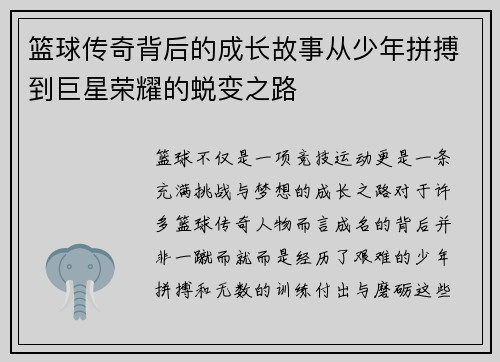 篮球传奇背后的成长故事从少年拼搏到巨星荣耀的蜕变之路